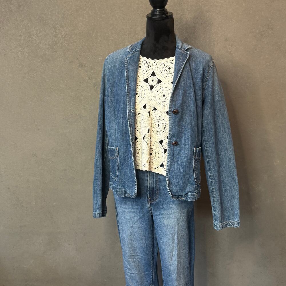 Gap Stretch Denim Blazer Jacket Size 14 Floral Lining Y2K 2000s Blue Jean